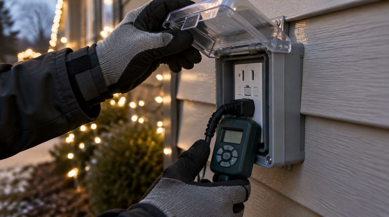 Weatherproof outdoor GFCI outlet with an in-use cover and an outdoor timer for Christmas lights