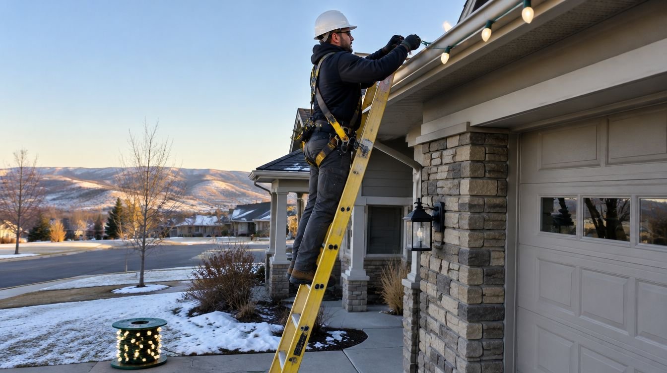 Electrician on a ladder clipping warm white C9 Christmas lights to the gutter line of a Tri-Cities home