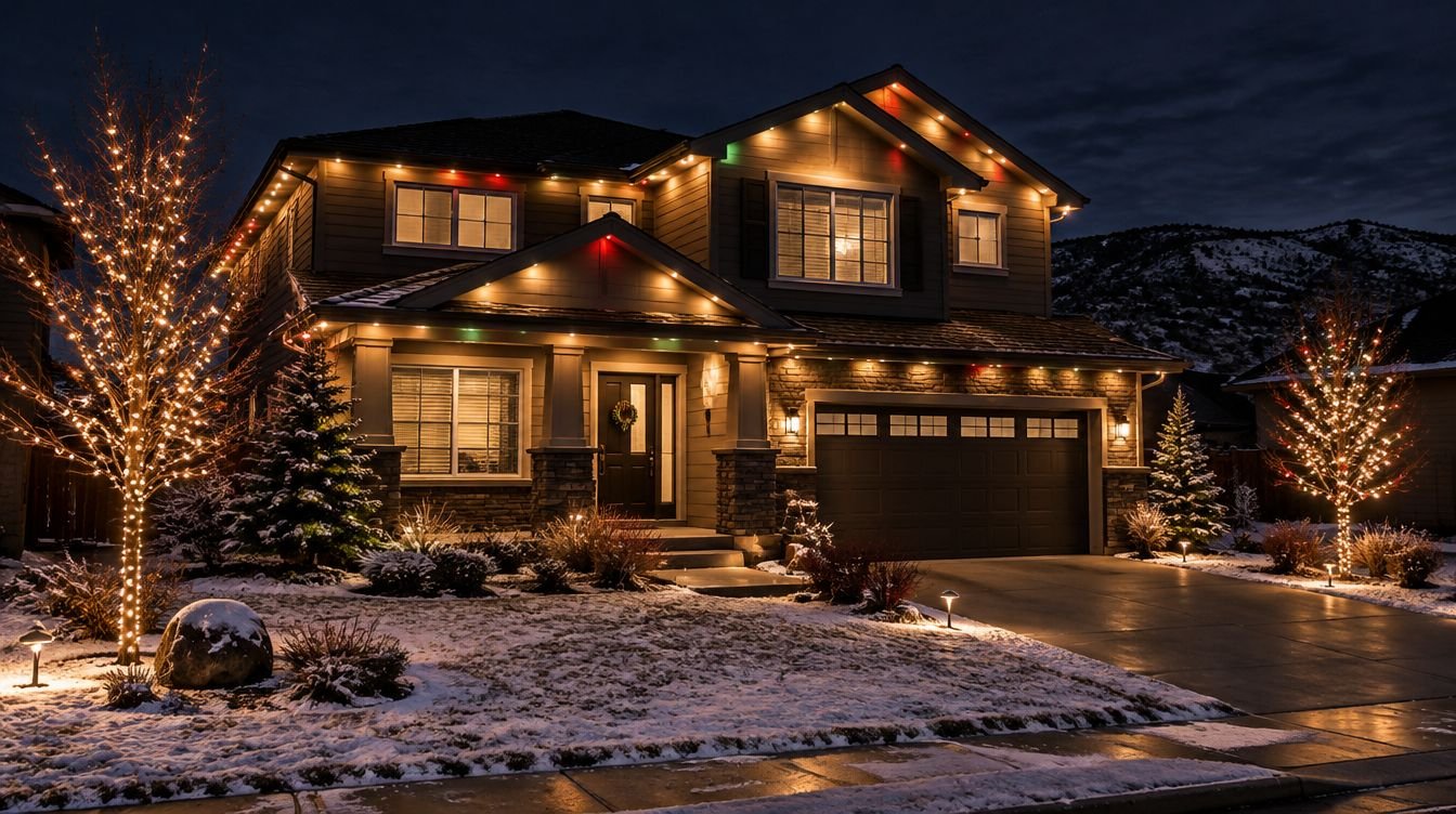 Two-story Tri-Cities home with permanent LED soffit holiday lighting and lit trees at night