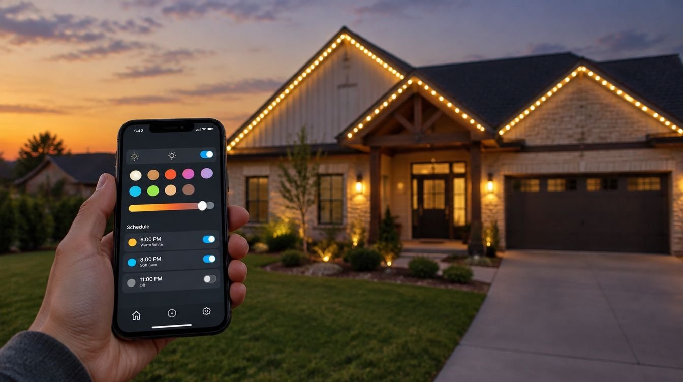 Homeowner changing permanent roofline light colors and schedule from a phone app at dusk