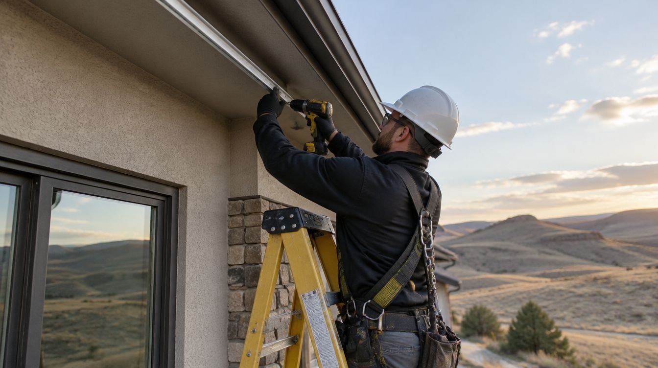 Licensed electrician installing a permanent LED lighting track under the eaves of a Tri-Cities home