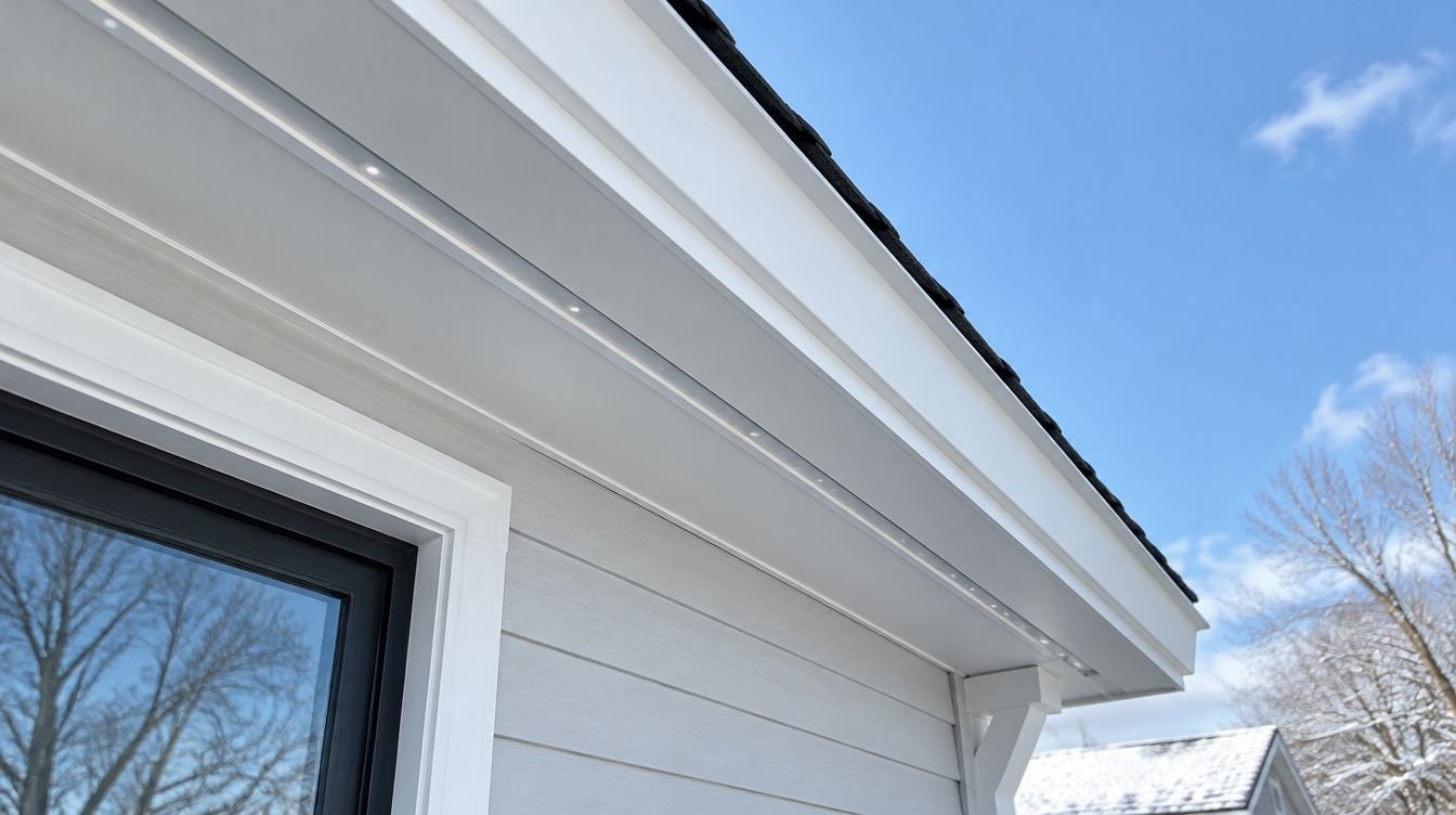 Permanent LED Christmas light track mounted under the eave of a Tri-Cities home, matched to the white trim in daylight