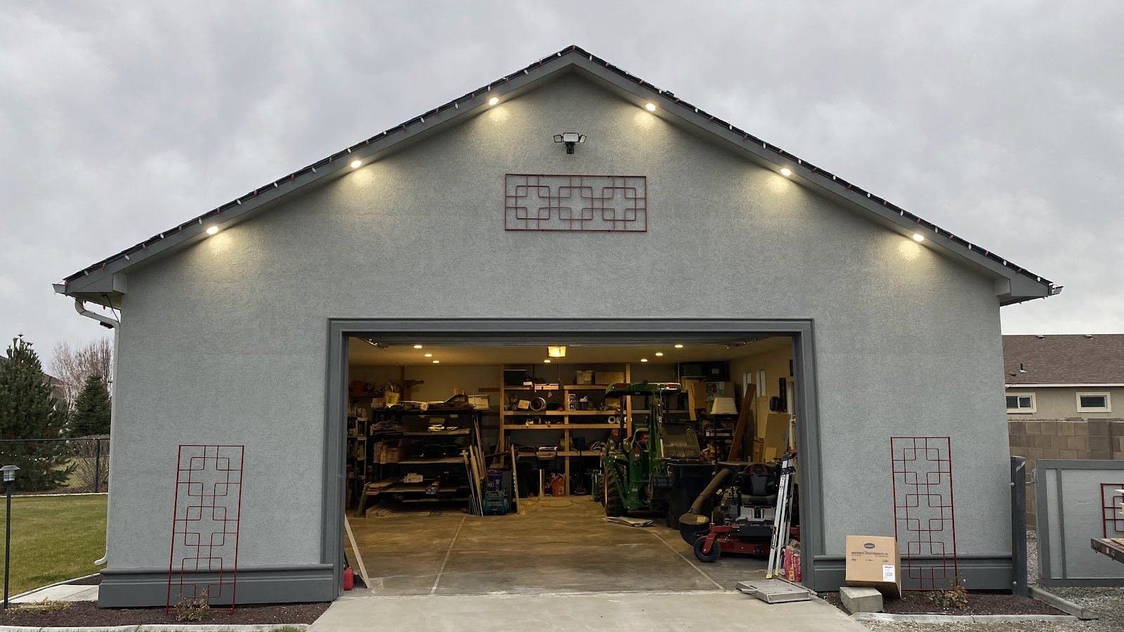 Detached shop with soffit lighting and dedicated power